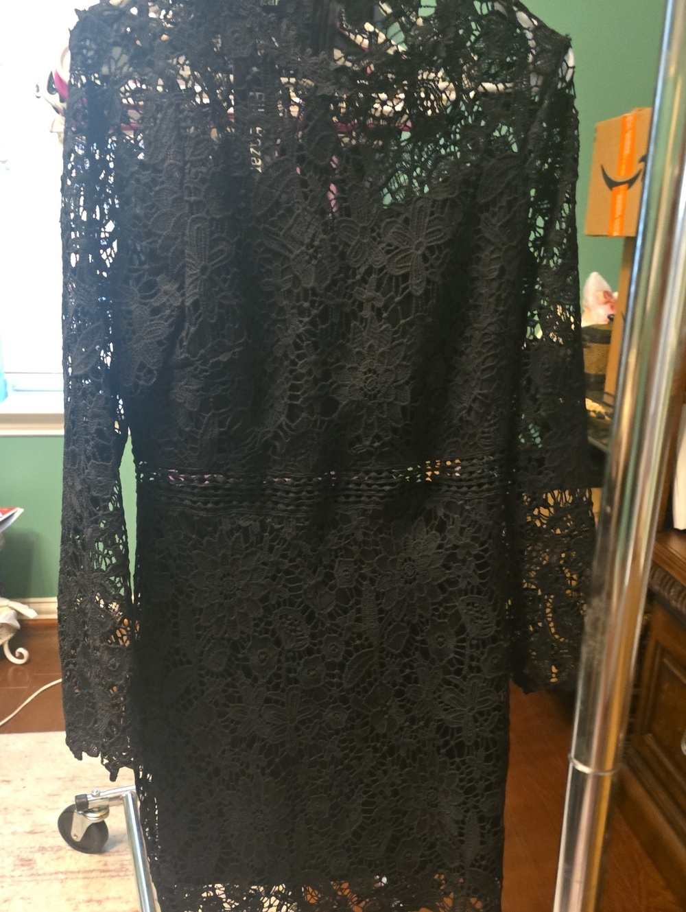 Black Lace Midi Dress with Long Sleeves